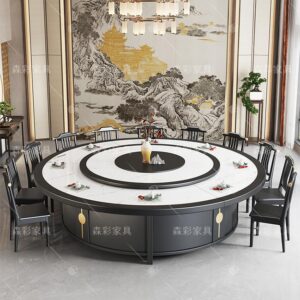 Bàn ăn khách sạn bàn tròn điện lớn gỗ đặc có bàn xoay 20 người hộp khách sạn kết hợp bàn ăn và ghế đá tấm đá Trung Quốc mới