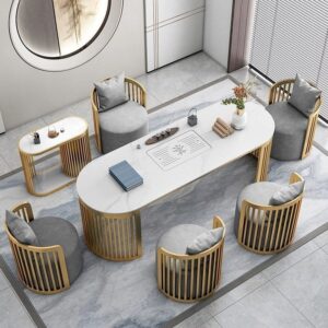 Bàn trà bằng đá cẩm thạch kiểu Trung Quốc mới tích hợp bộ đẹp sang trọng lưới màu đỏ Bàn trà bộ Bàn trà văn phòng bàn ghế đá phiến