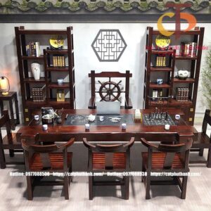 Bộ bàn ghế trà gỗ thuyền cũ nguyên khối phong cách Trung Hoa, dùng cho gia đình, văn phòng (Mã: BT GTC 0001).