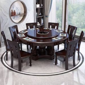 Bộ bàn ghế ăn bằng gỗ kết hợp bàn tròn lớn với bàn xoay chạm khắc kiểu Trung Quốc.