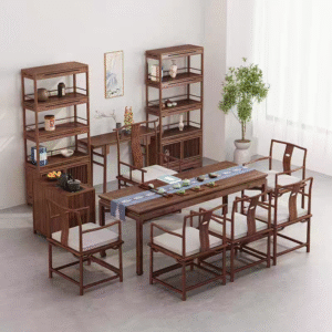 Bàn trà gỗ đặc phong cách Trung Quốc mới nhà trà dài 2 mét Bàn trà đầy đủ bộ bàn ghế trà cây du cũ Bàn trà Kung Fu